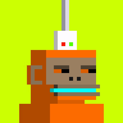 A pixel art illustration of a blocky, monkey-like character with brown fur, orange clothing, half-closed orange eyes, a cyan mouthpiece, and an antenna topped with a white device featuring red and green squares, set against a bright green background.