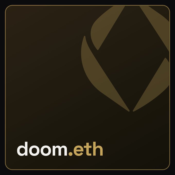A square digital graphic with a dark background featuring a faint gold Ethereum-style diamond logo and the text 'doom.eth' in the bottom left corner.