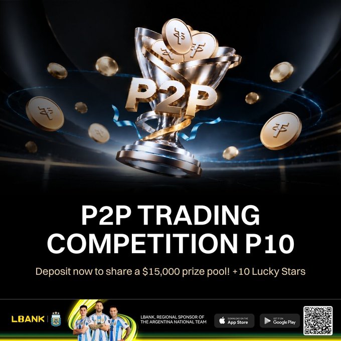 The image is a promotional graphic for LBank's "P2P Trading Competition P10," featuring a silver trophy surrounded by gold coins and "P2P" text, with details about a $15,000 prize pool and 10 Lucky Stars rewards, along with sponsor branding for the Argentina National Team and app download links. It visually reinforces the post's announcement of the live Season 10 P2P trading contest with its prize incentives.