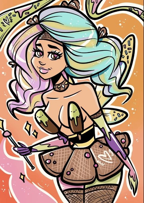 Stylized cartoon artwork of a female character with mint green and pink hair, fairy wings, fishnet stockings, and a green outfit.