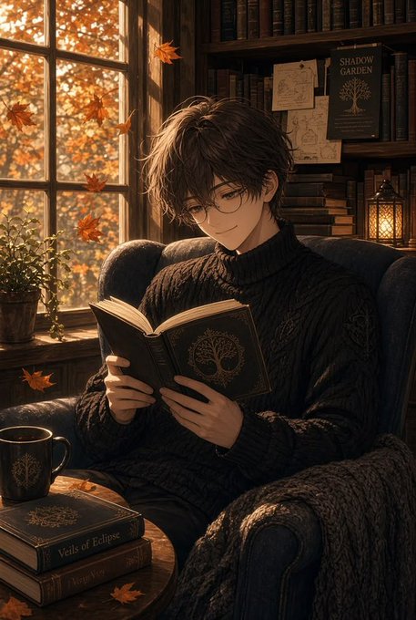 An anime-style illustration of a young man with brown hair and glasses reading a book titled 'Veils of Eclipse' while seated in an armchair, surrounded by bookshelves, autumn leaves, and a warm lantern glow.