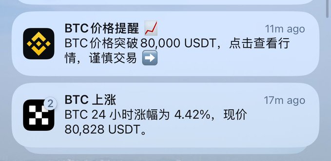 A mobile app interface displays two cryptocurrency notifications in Chinese about Bitcoin ("BTC 价格提醒" and "BTC 上涨") noting BTC price breaking 80,000 USDT with a 4.42% increase.
