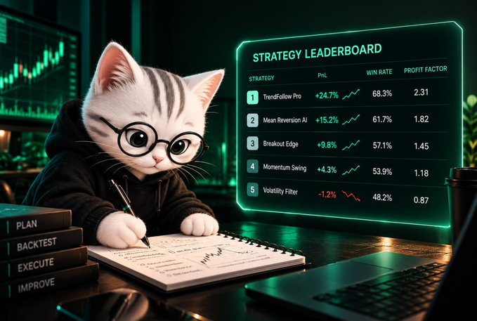 A cute cartoon white cat wearing black glasses and a hoodie is shown writing in a notebook beside a glowing green 'STRATEGY LEADERBOARD' displaying trading strategies with PnL, Win Rate, and Profit Factor metrics. Books labeled 'PLAN, BACKTEST, EXECUTE, IMPROVE' are stacked nearby.