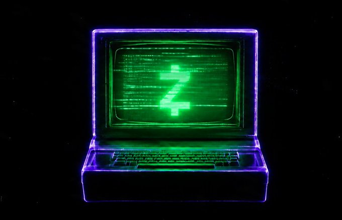 A neon-outlined laptop displaying a glowing green Z symbol on its screen, rendered in a retro glitch-art style against a black background.