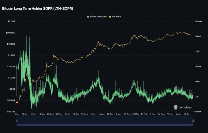 A Bitcoin Long-Term Holder SOPR (LTH-SOPR) chart from CoinGlass displays the metric (green) alongside BTC price (orange) on a logarithmic scale from 2013 to 2024, showing LTH-SOPR currently hovering near 1.0 while BTC trades around $10K-$100K range. The visualization supports the post's observation that long-term holders aren't aggressively taking profits, as the SOPR indicator has cooled back toward the breakeven level of 1 despite Bitcoin's price appreciation.