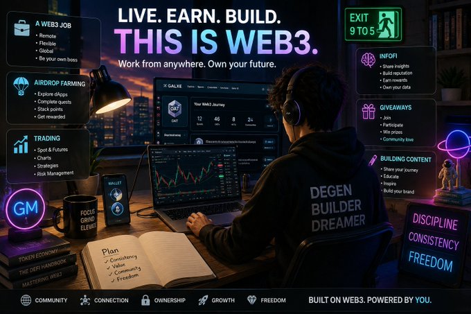 A neon-lit promotional graphic titled 'LIVE. EARN. BUILD. THIS IS WEB3.' features a person at a laptop with trading charts, surrounded by labels like 'AIRDROP FARMING,' 'TRADING,' 'DEGEN BUILDER DREAMER,' and 'DISCIPLINE CONSISTENCY FREEDOM.'