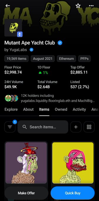 A mobile screenshot of the OpenSea NFT marketplace displaying the Mutant Ape Yacht Club (MAYC) collection page by YugaLabs, showing a floor price of $2,998.74, 24H volume of $49.9K, and 19,569 items on the Ethereum network. The image directly supports the accompanying post's claim about MAYC sitting "right at the door of $3,000" with visible NFT listings for "Make Offer" and "Quick Buy" options at the bottom.