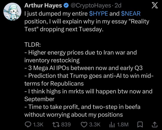 The image features a Twitter post written by Arthur Hayes, which appears to be related to selling his bitcoin holdings for more than $18m. The post also mentions that "the holy trinity has fallen", suggesting that there might have been an issue or decrease in the value of the cryptocurrency. The post is directed towards the reader, stating that they should also consider selling their own hype positions and profits for this particular cryptocurrency.