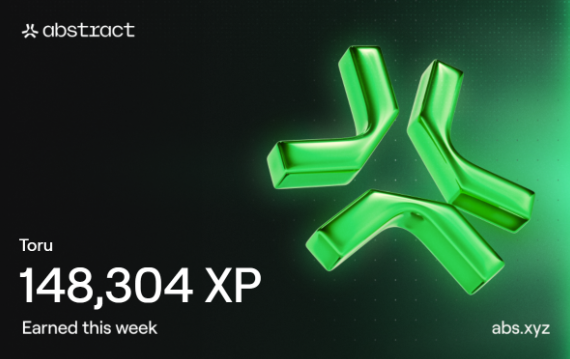 An 'abstract' digital rewards card for user 'Toru' showing '148,304 XP Earned this week' next to a glowing 3D green abstract symbol.