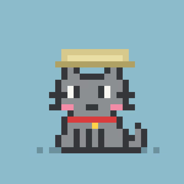 A pixel art illustration of a gray cat with a red collar and a yellow hat sits against a blue background. The image connects to the post by representing an early NFT collectible, likely the RHKitties cat referenced as the first NFT the author bought.