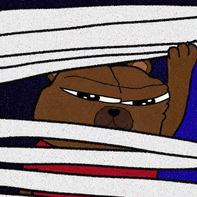 An animated illustration of a brown bear character with an angry expression, partially covered by white horizontal slats resembling blinds.