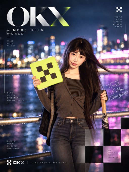 An OKX cryptocurrency exchange promotional poster featuring a woman with long dark hair holding the OKX logo, set against a neon-lit city skyline at night.