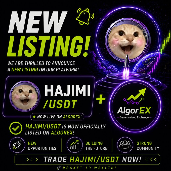 A promotional graphic announces the new HAJIMI/USDT listing on AlgorEX, featuring a smiling cat mascot in an astronaut helmet launching on a rocket, with text reading "NEW LISTING! WE ARE THRILLED TO ANNOUNCE A NEW LISTING ON OUR PLATFORM! HAJIMI/USDT NOW LIVE ON ALGOREX!" alongside icons highlighting "New Opportunities," "Building the Future," and "Strong Community."