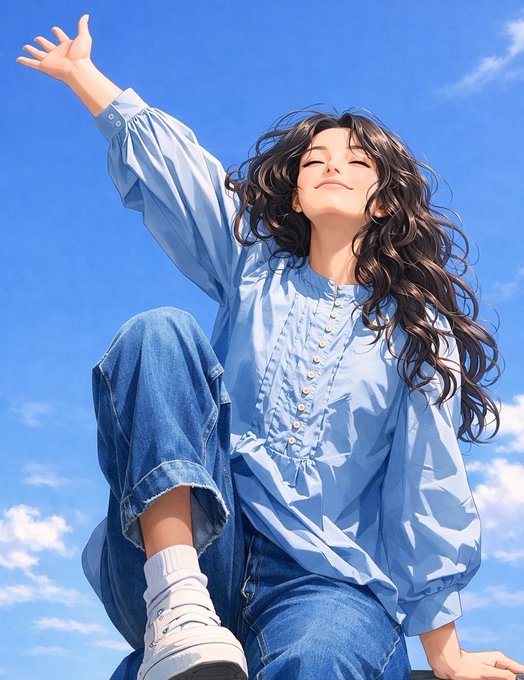 The image features an artist's illustration of a woman wearing blue jeans, standing against a backdrop of a clear blue sky dotted with clouds. She has her arms raised high above her head, as if she is celebrating or expressing joy. The image also includes text that reads "Happy Friday GM The future of compute won't live on a single chain or a single machine." This suggests that the artist may be making a statement about the limitations and potential of current computing technologies, emphasizing the need for innovation and progress in this field.