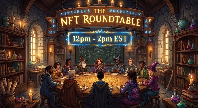 A fantasy-themed illustration shows a diverse group of characters—including wizards, witches, and travelers—gathered around a glowing round table in a candlelit chamber lined with books and potions, with banners reading "THE NFT ROUNDTABLE" and "12pm - 2pm EST" displayed prominently overhead. The mystical atmosphere visually reinforces the post's message about finding magic in the NFT space, inviting viewers to join the Sunday Funday discussion.