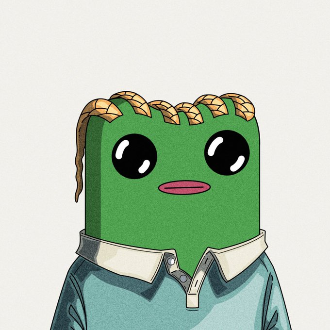 A cartoon character with a green block-shaped head, large black eyes, braided blonde hair, and wearing a collared shirt over a teal sweater.