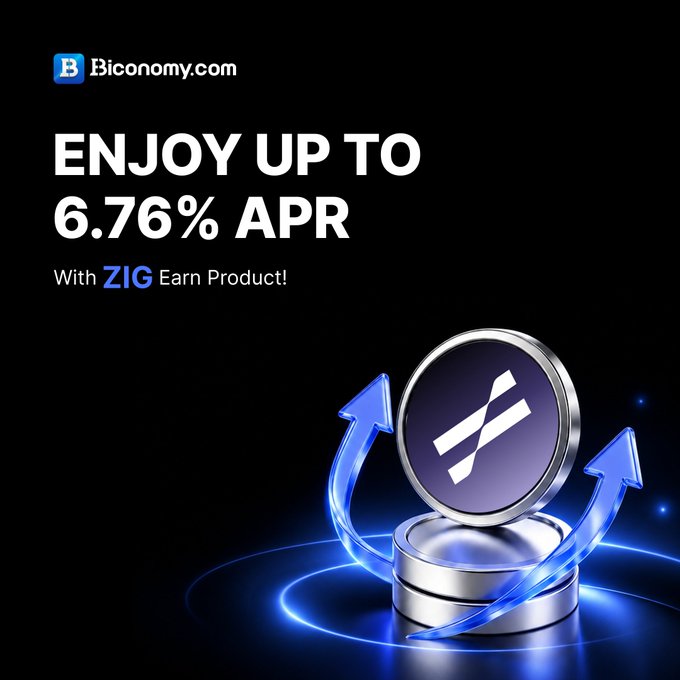 A promotional advertisement for Biconomy.com featuring the text 'ENJOY UP TO 6.76% APR With ZIG Earn Product!' alongside a glowing ZIG coin graphic on a black background.