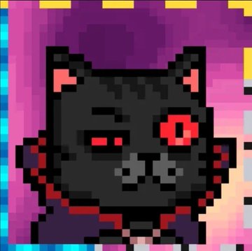 A pixel art image of a black cat with red eyes and a red collar, featuring a glitchy, distorted visual effect against a purple and pink background.