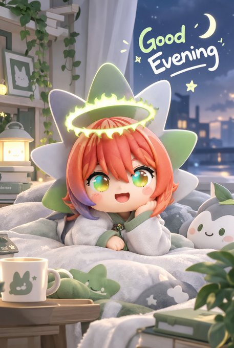 A cute chibi-style illustration of an anime character with orange hair and a glowing halo, surrounded by plush toys, with the text 'Good Evening' in the upper right.