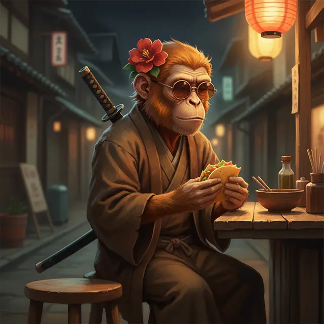 A digitally illustrated monkey wearing sunglasses and a kimono with a sword on its back, eating a sandwich at a wooden table in a lantern-lit Japanese street setting.