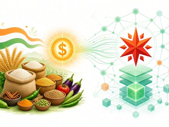 An illustrated graphic showing sacks of grain, vegetables, and rice on the left connected to a network of green cubes and a red star on the right, with a gold coin featuring a dollar sign in the center.