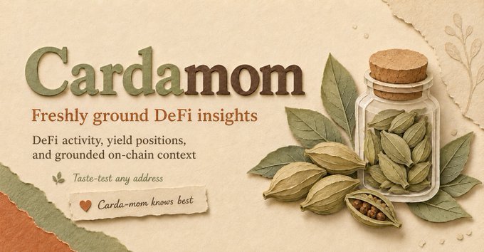 Promotional graphic for 'Cardamom' DeFi insights tool with the tagline 'Freshly ground DeFi insights' and an illustration of a glass jar filled with cardamom pods and leaves.