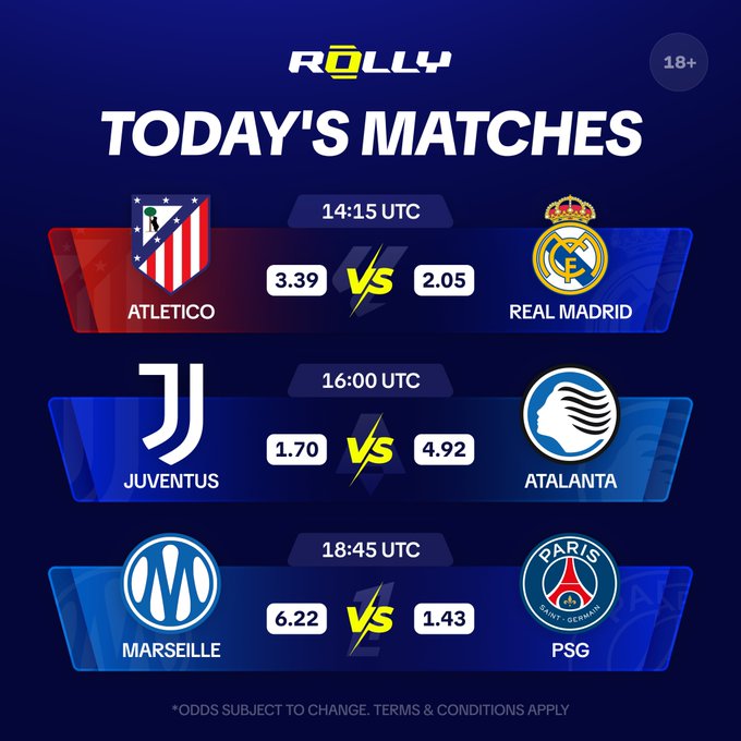The image is a betting odds graphic from "Rally" titled "TODAY'S MATCHES" showing three football fixtures: Atletico (3.39) vs Real Madrid (2.05) at 14:15 UTC, Juventus (1.70) vs Atalanta (4.92) at 16:00 UTC, and Marseille (6.22) vs PSG (1.43) at 18:45 UTC. The graphic supports the post's prediction contest by displaying the odds for the Madrid derby, Juventus vs Atalanta, and Le Classique, giving users the betting lines they need to make their picks for a chance at the $10 prize.