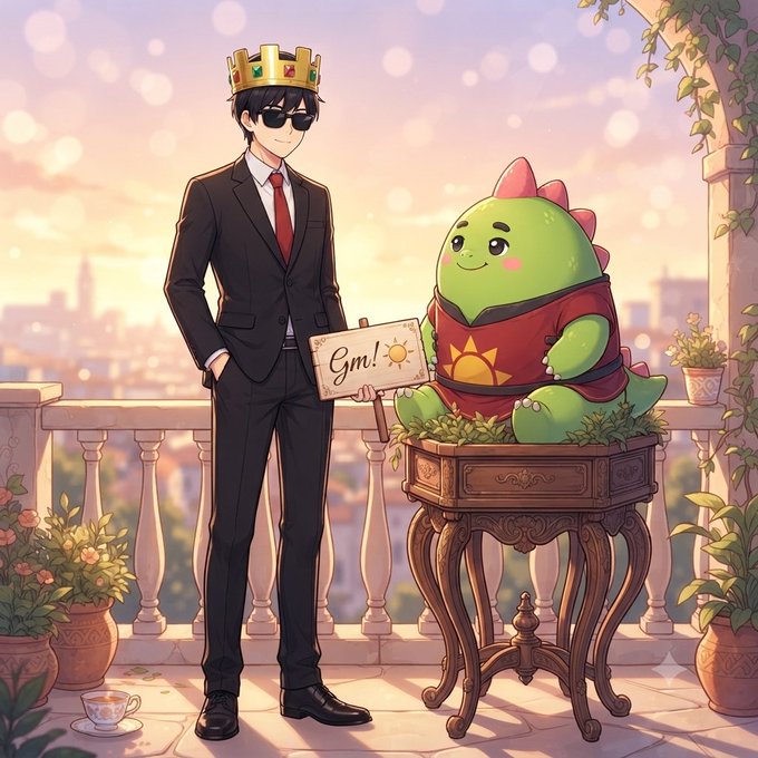 An anime-style illustration of a man in a black suit, red tie, and gold crown standing on a balcony holding a sign that reads 'Gm!' with a sun emoji, next to a cute green dinosaur wearing a red and yellow shirt sitting on a wooden plant stand.