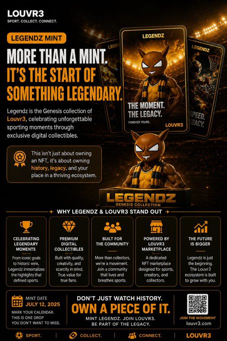 A promotional graphic for 'LOUVR3' advertises the 'LEGENDZ MINT' Genesis Collection, featuring an orange horned character and a mint date of July 12, 2025.