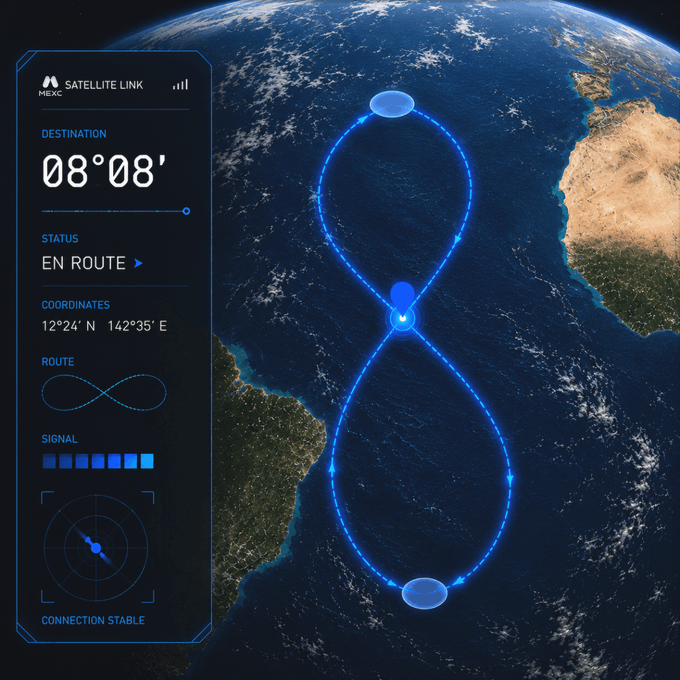 A futuristic satellite navigation interface displays a figure-eight orbital route over Earth between Africa and Asia, with a heads-up panel showing "DESTINATION 08°08'," "STATUS EN ROUTE," coordinates "12°24' N 142°35' E," and "CONNECTION STABLE," symbolizing the ongoing journey toward a final destination—visually echoing the post's message that the journey matters as much as the endpoint.