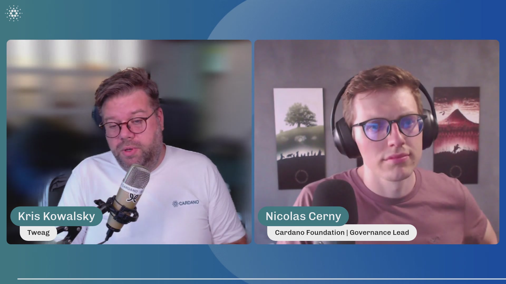 The image shows two men wearing glasses talking into microphones during a live podcast recording session. The hosts are discussing the topic of governance and the potential impact of blockchain technology on the Treasury ecosystem. One man appears to be speaking, while the other listens attentively with headphones on his head.