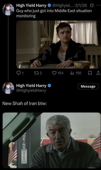 A tweet by High Yield Harry (@HighyieldHarry) jokes about the Middle East situation monitoring, first showing an image of a nervous-looking young man captioned "Guy who just got into Middle East situation monitoring," followed by an image of an older, graying man with the text "New Shah of Iran btw:" referencing Donald Trump's distinctive hair color and suggesting Iran now has a new leader, with the accompanying note "7 months now btw" indicating the length of this situation.