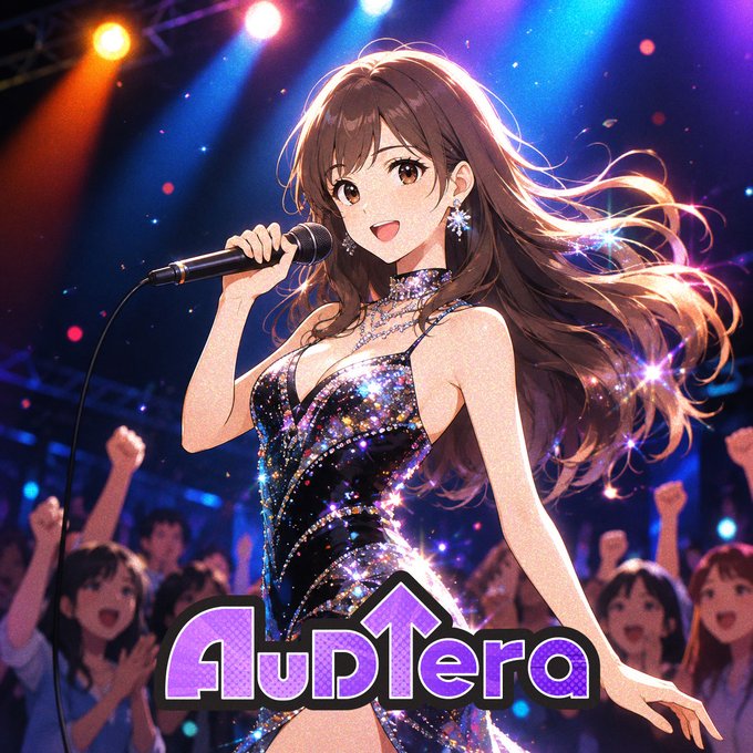 An anime-style illustration of a woman singing into a microphone on stage in a sparkling dress, with 'AudTera' written in purple stylized text at the bottom.