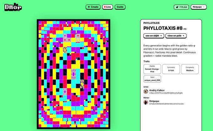 A screenshot from the 'DROP' NFT platform displays 'PHYLLOTAXIS #8' artwork with a colorful pixelated pattern, featuring traits 'Sunset-Orange-Pink', 'Symmetry: 8-fold', and 'Complexity: Medium'.