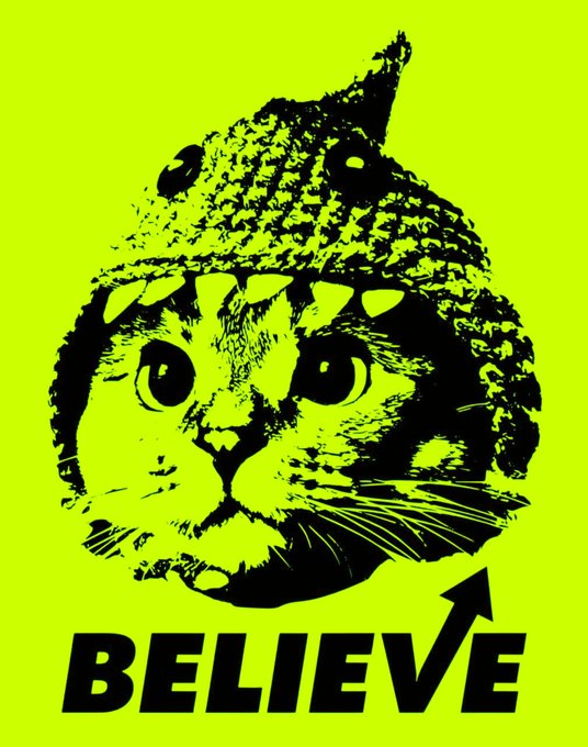 A graphic with a neon green background featuring a black-and-white illustration of a cat wearing a dinosaur hood, with the word "BELIEVE" and an upward arrow in bold black text below it.