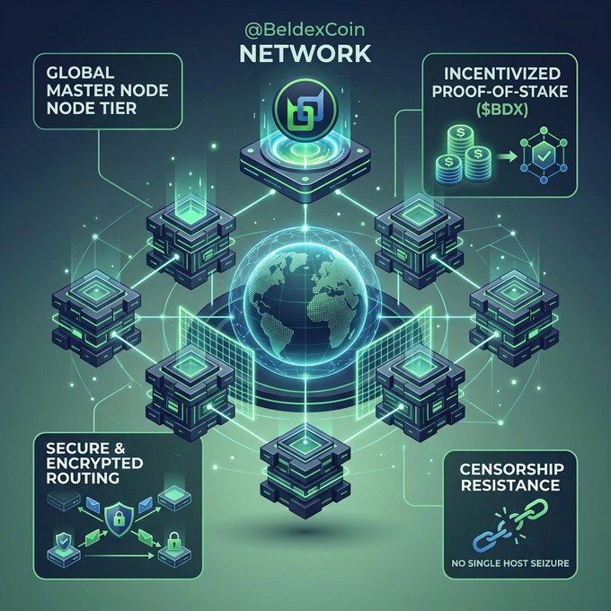 An infographic promoting the @BeldexCoin network, featuring a globe connected to multiple nodes and highlighting features like 'GLOBAL MASTER NODE NODE TIER', 'INCENTIVIZED PROOF-OF-STAKE ($BDX)', 'SECURE & ENCRYPTED ROUTING', and 'CENSORSHIP RESISTANCE'.