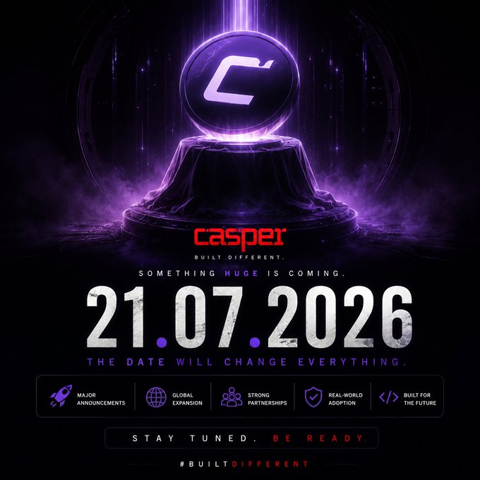 Promotional graphic for Casper with the text 'SOMETHING HUGE IS COMING,' displaying the date 21.07.2026, featuring a glowing purple crystal ball with a 'C' logo on a dark background.