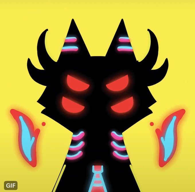 A stylized black cat-like figure with glowing red eyes, neon pink and blue horn accents, and floating flame-shaped wings is set against a bright yellow background, with a "GIF" label in the corner. The image visually represents "The Calypso Cat" NFT project, supporting the announcement that Calypso Cat holders will receive whitelist access for a free mint of the Numbers collection.