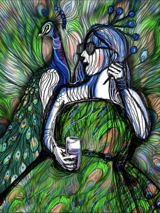 A vibrant, stylized digital artwork depicting a woman with sunglasses holding a cup beside a peacock, rendered in swirling greens and blues that evoke the themes of "Perspective as duality" by mirroring the bird's ornate plumage against the human figure. The colorful composition reflects the introspective, dual-nature concept highlighted in the post celebrating a 1-edition collector.