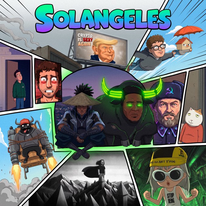 A vibrant comic-style collage titled "SOLANGELES" features various satirical characters and crypto meme figures, including a "CRYPTO IS SEXY AGAIN" billboard with Donald Trump, a flying figure with a Reddit Snoo balloon, and panels showing characters with text like "STOP BEING POOR," "DON'T TREAD ON ME," and "DONT TREAD ON ME," tying into the bullish crypto market narrative of the episode.