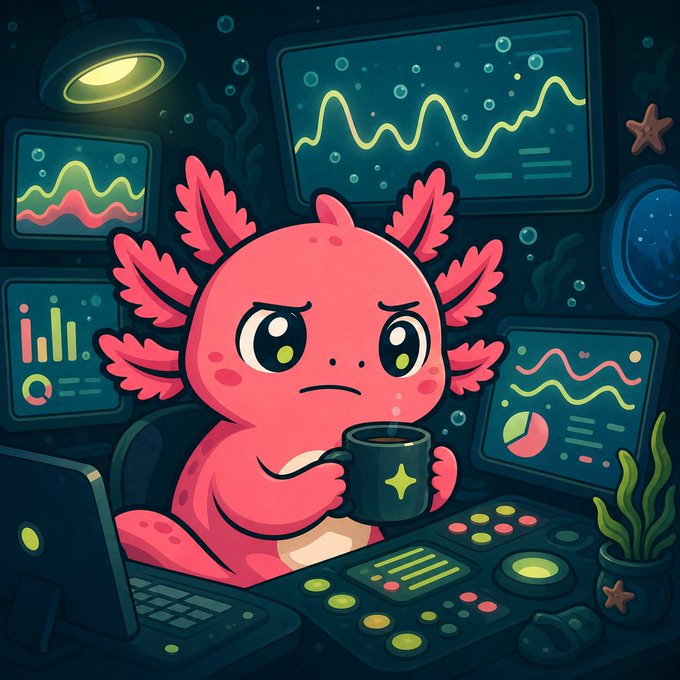 An illustration of a pink axolotl character looking concerned while holding a dark mug with a star design, sitting at a control desk surrounded by monitors displaying graphs and charts in an underwater setting.
