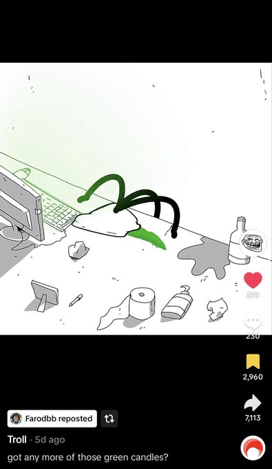 The image shows a TikTok video with 230 comments, 2,960 saves, and 7,113 shares, featuring an illustration of a messy desk with a computer, spilled liquid, and a spray bottle. The caption from "Troll" posted 5 days ago reads "got any more of those green candles?"—a play on the chaotic drawing's green and black squiggly lines resembling stock chart movement, humorously tying into the post's reference to the viral TikTok's nearly 1 million views and a call to "run it up."