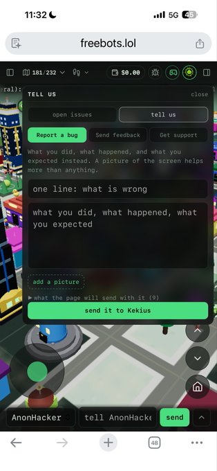 A screenshot of a mobile browser on freebots.lol shows an 'AnonHacker' reporting form with prompts like 'Tell us', 'Report a bug', 'Send feedback', 'one line: what is wrong', and a green 'send it to Kekius' button, over a background of a 3D isometric game.