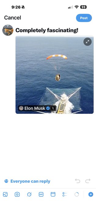 A mobile screenshot of a social media post in progress with the text 'Completely fascinating!' featuring an image of Elon Musk holding what appears to be a satellite catching mechanism under a parachute over the ocean.