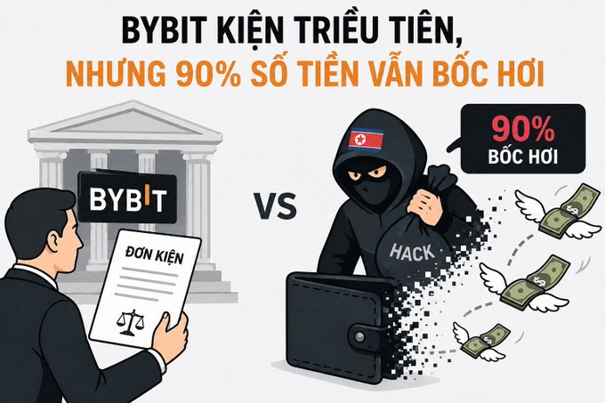 The image illustrates the Bybit lawsuit against North Korea ("BYBIT KIỆN TRIỀU TIÊN, NHƯNG 90% SỐ TIỀN VẪN BỐC HƠI"), showing a man holding a "ĐƠN KIỆN" (lawsuit) outside a court with "BYBIT" labeled, versus a hooded hacker figure with the North Korean flag holding a "HACK" bag as money flies away, with a speech bubble stating "90% BỐC HƠI" (90% evaporated). It visually represents the article's point that despite legal action against North Korean hackers who exploited Safe{Wallet} to steal funds, 90% of the stolen money remains unrecovered.