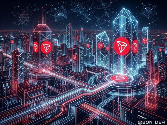 Futuristic neon-lit digital cityscape illustration with red and blue Tron-like aesthetics, featuring TRON logos on buildings and '@BON_DEFI' watermark in the corner.