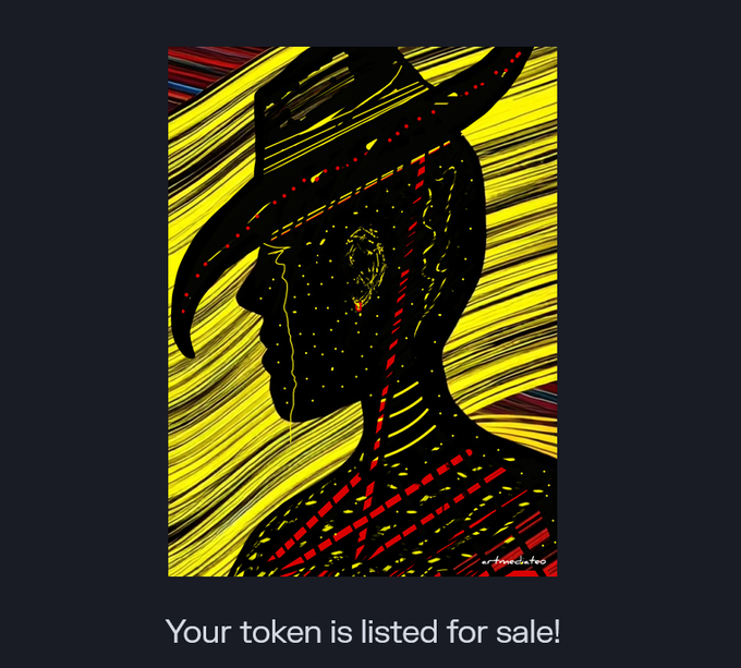 A digital artwork of a black silhouette of a person wearing a wide-brimmed hat in profile against a vibrant yellow and black striped background with red dashed lines, signed 'artandinfos', with white text below reading 'Your token is listed for sale!'.