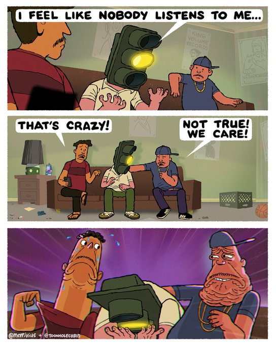 The image shows three cartoon panels depicting men sitting on a couch and having conversations about various topics. The first panel features two men talking, while the second panel has one man holding up a traffic light above his head with an expression of confusion or amusement. The third panel depicts another man holding up a traffic light in front of him, suggesting they are discussing the traffic light's functionality.