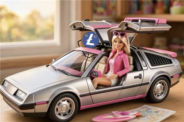 A Barbie doll sits behind the wheel of a silver DeLorean-style car with gull-wing doors open, accessorized with pink sunglasses and a map nearby, capturing the playful, adventurous energy of "Saturday vibes."
