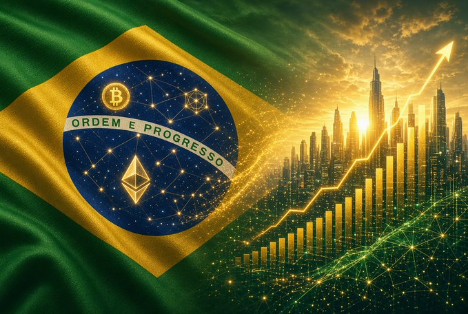 A stylized graphic combining the Brazilian flag (modified with cryptocurrency symbols like Bitcoin and Ethereum and 'ORDEM E PROGRESSO') with a golden cityscape and rising chart line symbolizing growth.